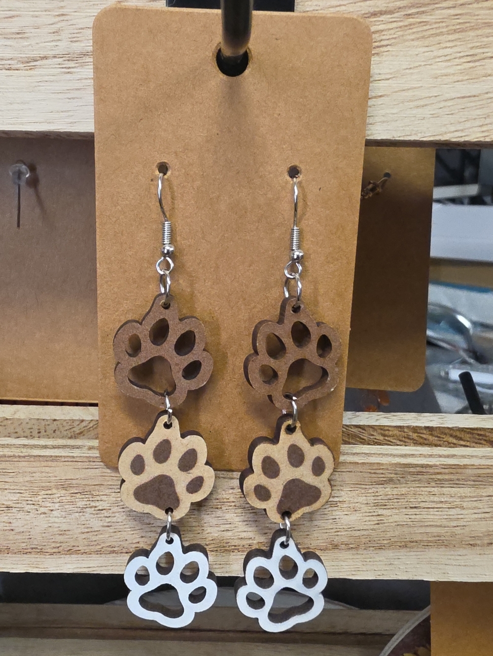 Wooden Triple Paw Print Dangle Earrings - Brown, Tan, White - Lightweight